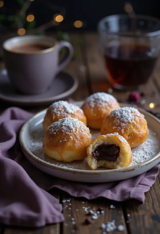 Friskbagte æbleskiver serveret med chokoladecreme og flormelis