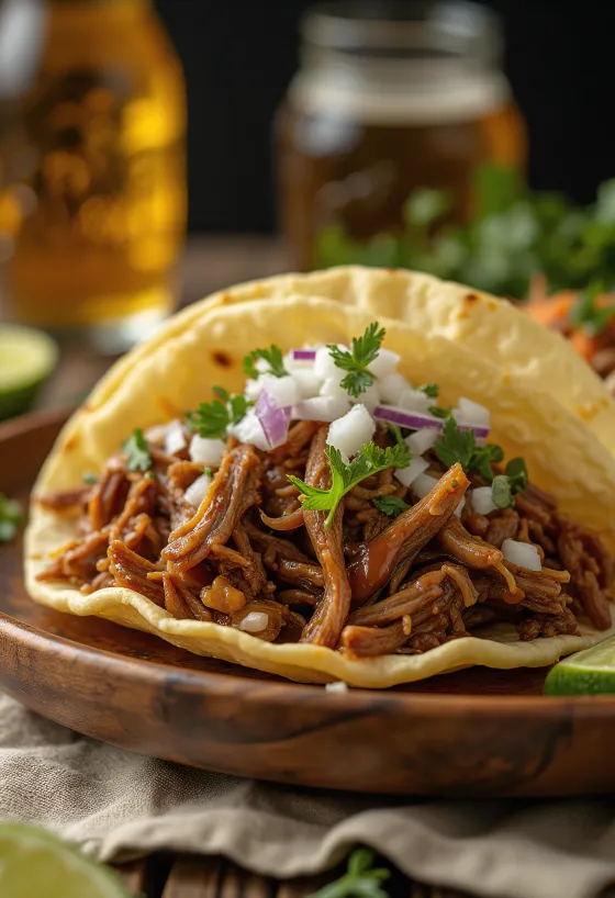 Barbacoa serveret med tortilla og limeskiver