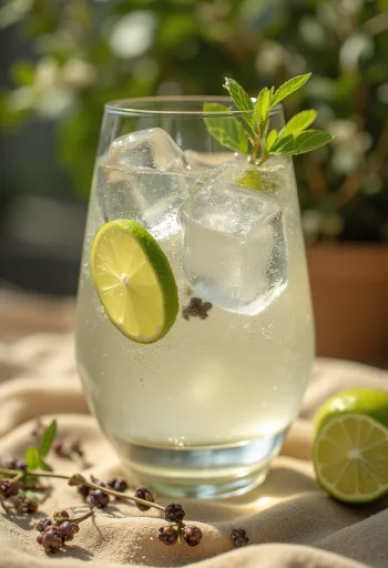 Gin og Tonic pyntet med limeskiver og isterninger