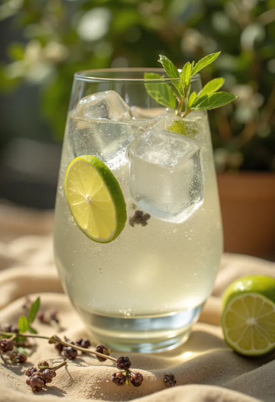 Gin og Tonic pyntet med limeskiver og isterninger