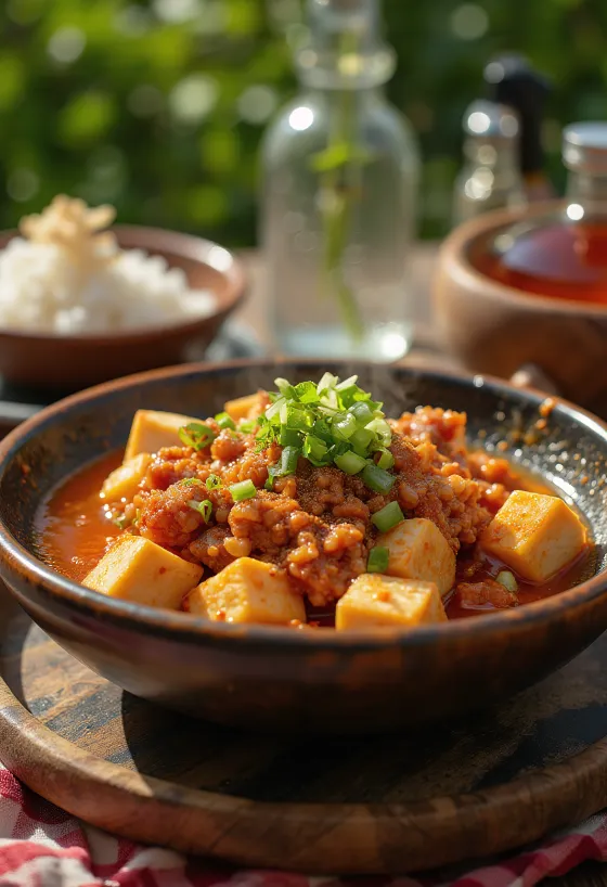 Mapo Tofu, szechuan tofu med hakket svinekød og krydret sauce
