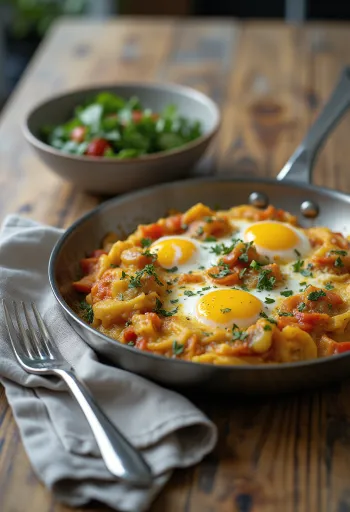 Klassisk Menemen med krydret olivenolie tyrkisk morgenmad med æg, peberfrugt og tomat