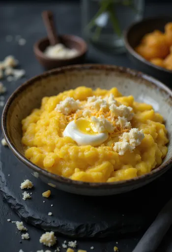 Frisklavet, cremet polenta serveret med smør og ost på et træfad.