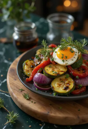 Bagte grøntsager med balsamico serveret