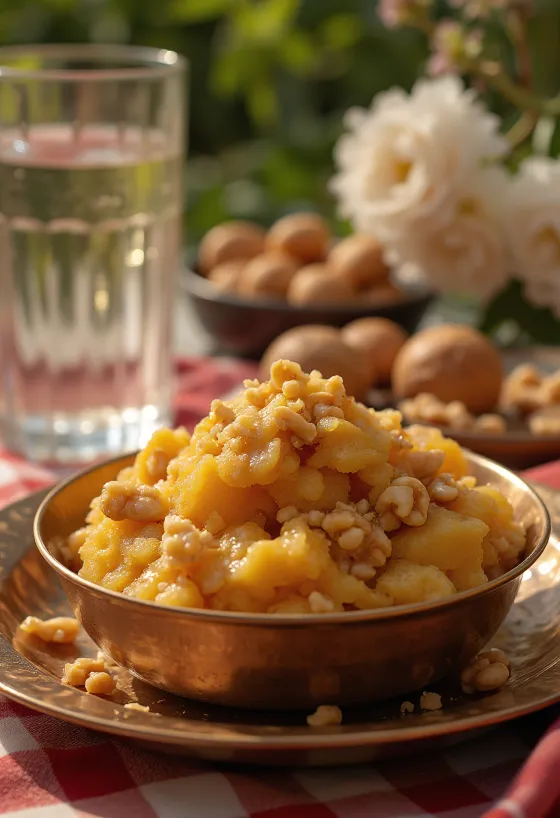 Aate ka Halwa med rige krydrede smage, ristede nødder og rosenvand.