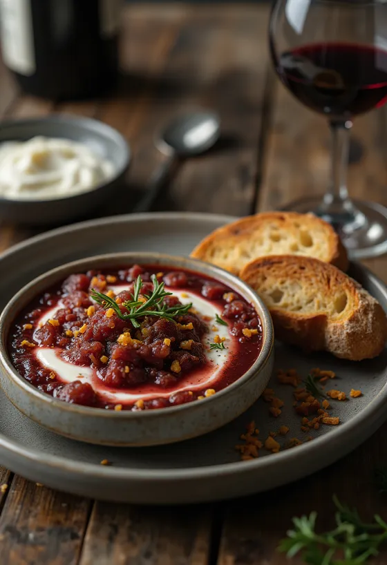 Bagna cauda med rødvin, hvidløgs-fiskesauce, serveret med persille