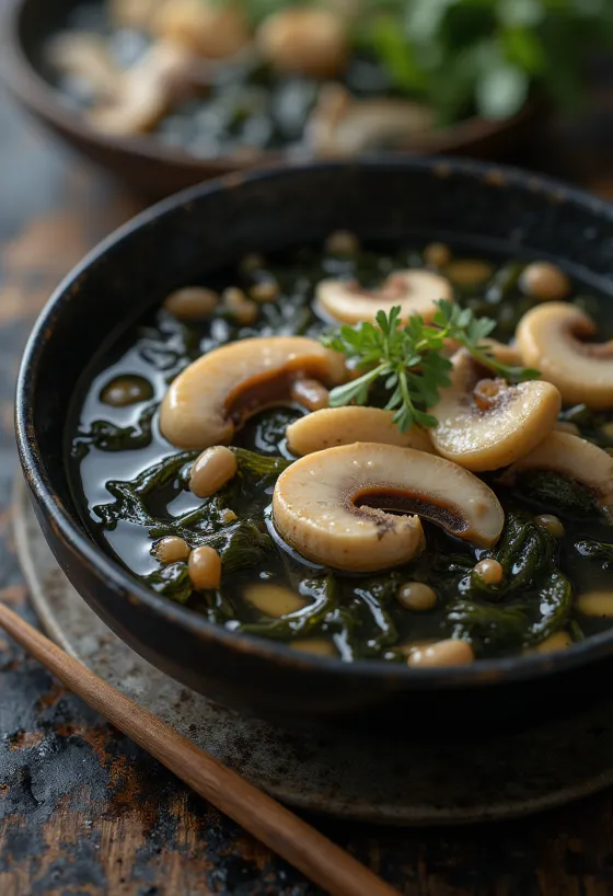 Miyeokguk med svampe, rig og velsmagende koreansk suppe med svampe og havtang.
