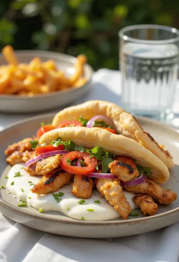Gyros med kylling serveret i pitabrød