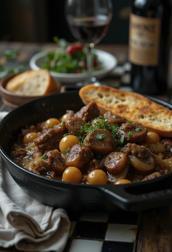 Boeuf Bourguignon, oksegryde med rødvin serveret med dampede grøntsager