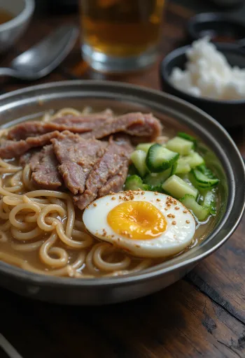 Mul naengmyeon serveret, kold suppe med naengmyeon nudler, oksekød og æg