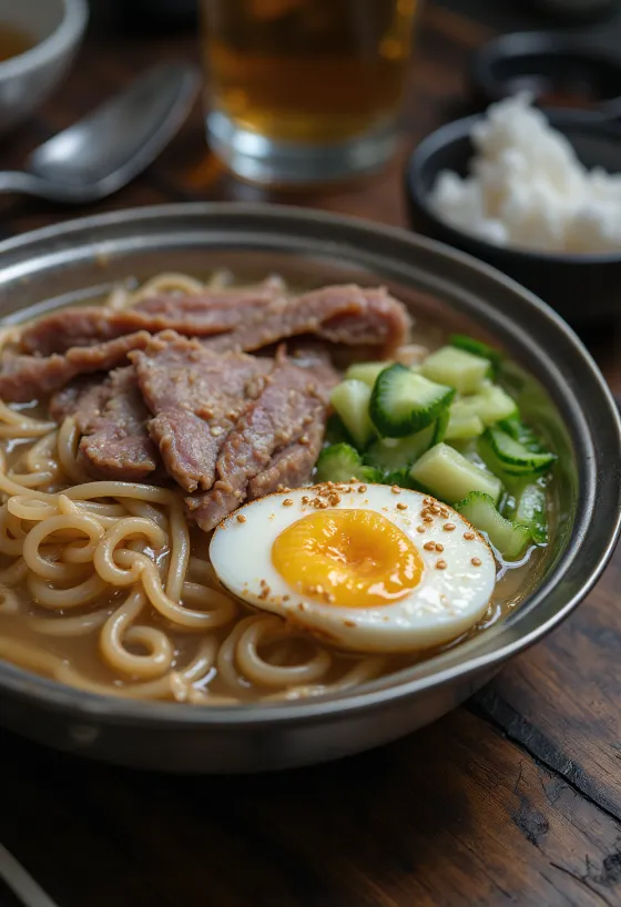 Mul naengmyeon serveret, kold suppe med naengmyeon nudler, oksekød og æg