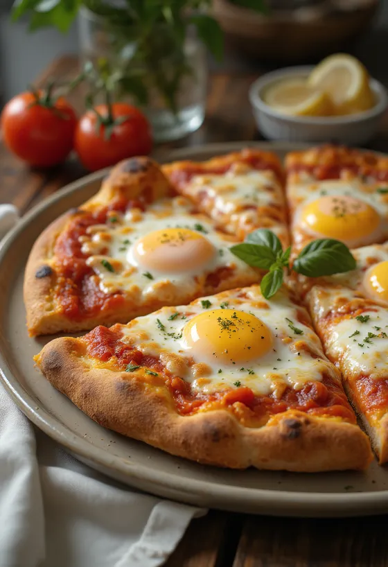 Pizza a Caballo med spejlæg, tyk bund og mozzarella