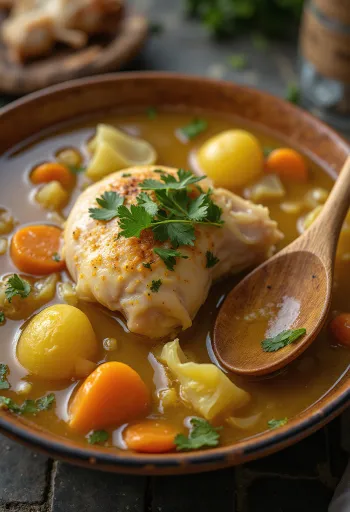 Puchero de gallina, latinamerikansk suppe med kylling og grøntsager, pyntet med frisk koriander.