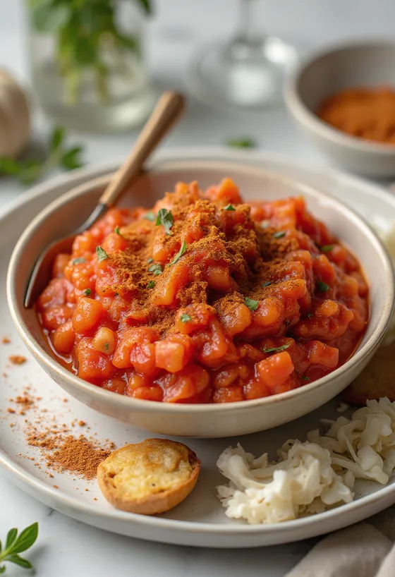 Rosmarin-paprika-tomatsauce i en skål, pyntet med frisk rosmarin og paprika.