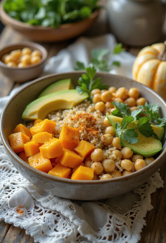 Buddha bowl med græskar, friske grøntsager og quinoa