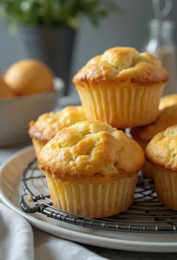 Bløde muffins med hytteost bagt gyldenbrune, drysset med vanilje og flormelis