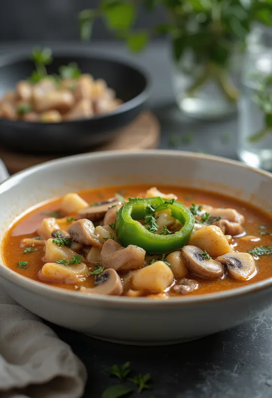 Bakonyi betyársuppe serveret med rige grøntsager og røget kød
