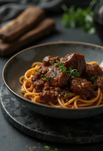 Oksekæbe ragout serveret med pasta