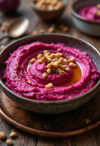 Rødbedehummus pyntet med frisk persille
