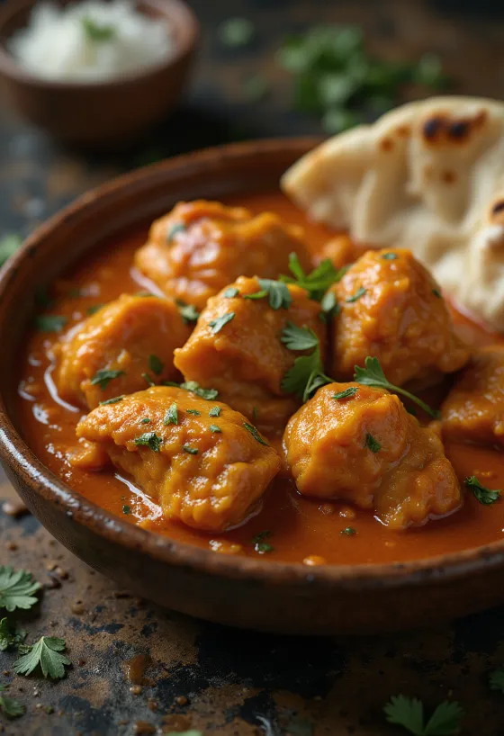 Kylling tikka masala i cremet tomatsauce, pyntet med frisk koriander