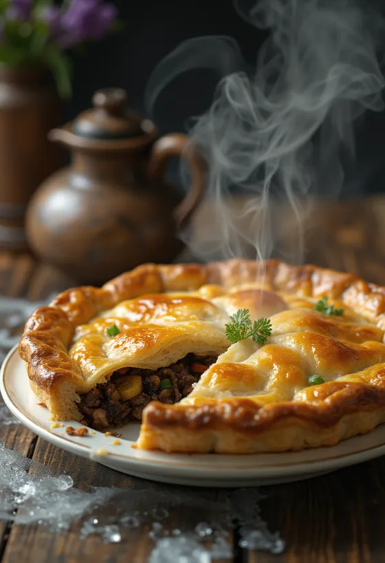Seal flipper pie serveret i et rustikt fad med gylden butterdej.