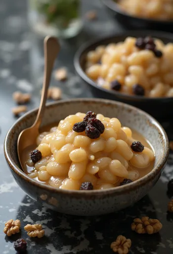 Aşure med rosiner serveret, rig semuljedessert med rosiner og valnødder