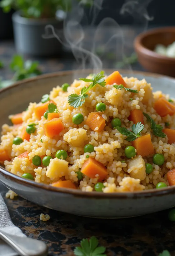Bulgurpilaf med grøntsager, serveret