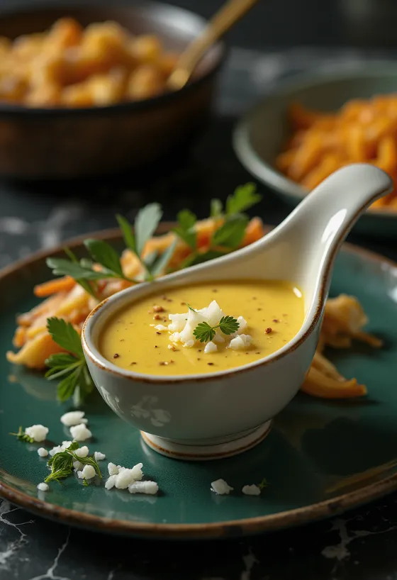 Cremet karry-løgsauce serveret