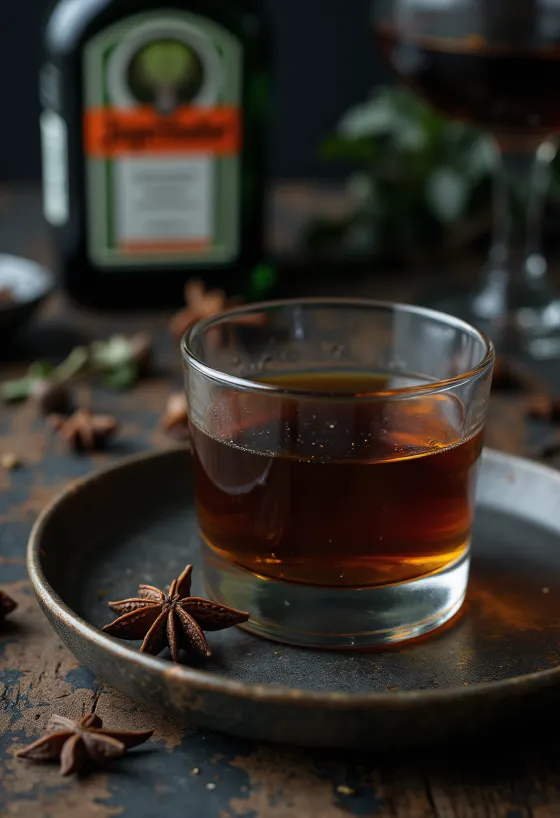 Hjemmelavet Jägermeister serveret i flaske