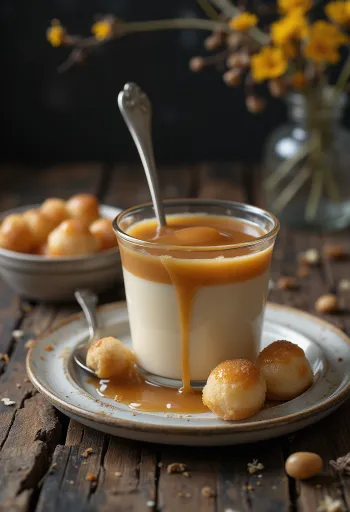 Karamelpudding toppet med flødeskum og pyntet med karamelsauce.