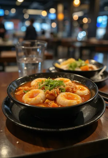 Kimchi tteokbokki - koreansk riskage serveret med krydret kimchi og sesamfrø