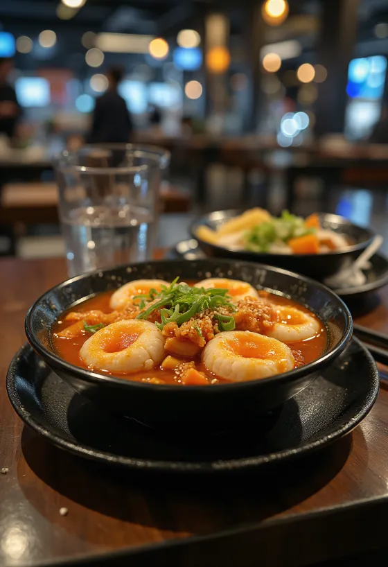 Kimchi tteokbokki - koreansk riskage serveret med krydret kimchi og sesamfrø