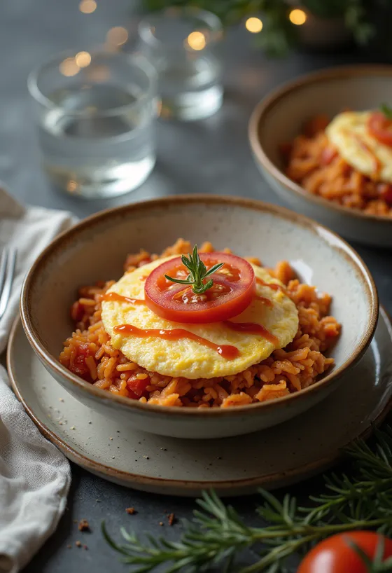 Omurice med æg, stegt kylling, tomat og persille