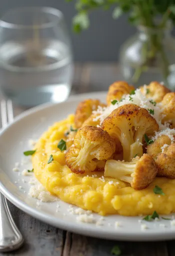Cremet polenta serveret med bagt blomkål, med hvidløgssmag