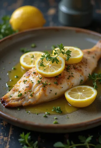 Stegt fisk serveret med citron og krydderurter