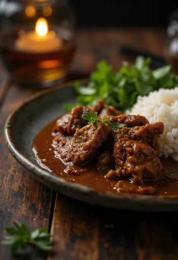 Beef Rendang serveret med ris og frisk koriander