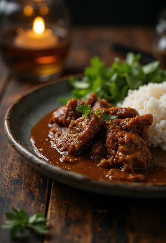 Beef Rendang serveret med ris og frisk koriander