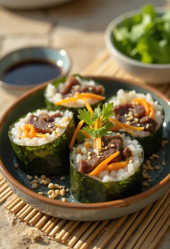 Bulgogi gimbap, koreansk rulle med bulgogi, friske grøntsager og æg, pyntet med sesamfrø