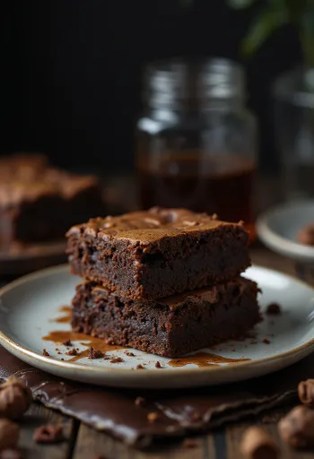 Chokolade brownie med sprød top og blød midte, skåret i stykker