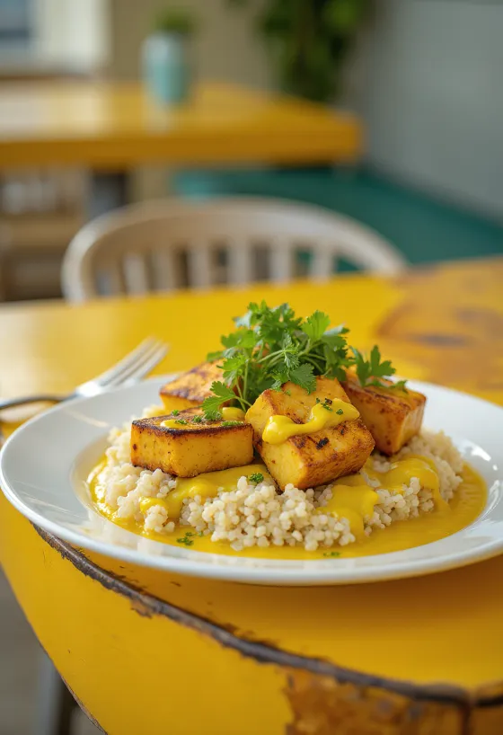 Grillet tofu quinoa karry med tahini serveret