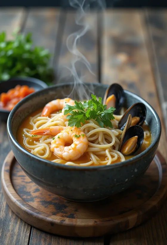 Haemul kalguksu, koreanske nudler med skaldyr og sojasaucebaseret suppe