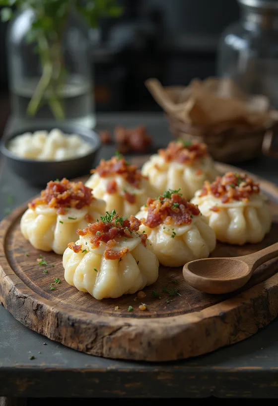 Kartoffelnudler med fåreost serveret med creme fraiche og ristet bacon.