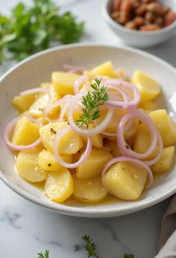 Frisk kartoffelsalat med kogte kartofler, rødløg og frisk persille.