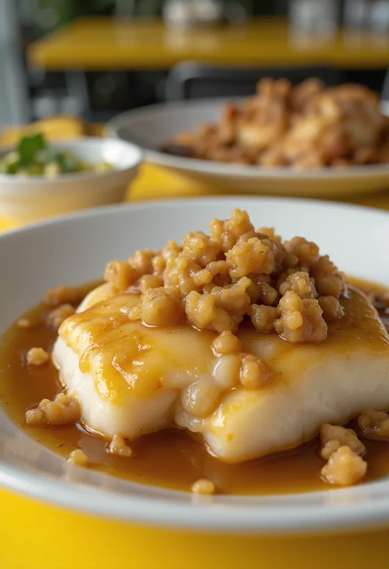 Ludfisk med brunost og tranebærsirup, serveret frisk