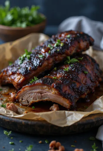 Smoked buffalo ribs serveret på et rustikt fad med barbecue sauce.