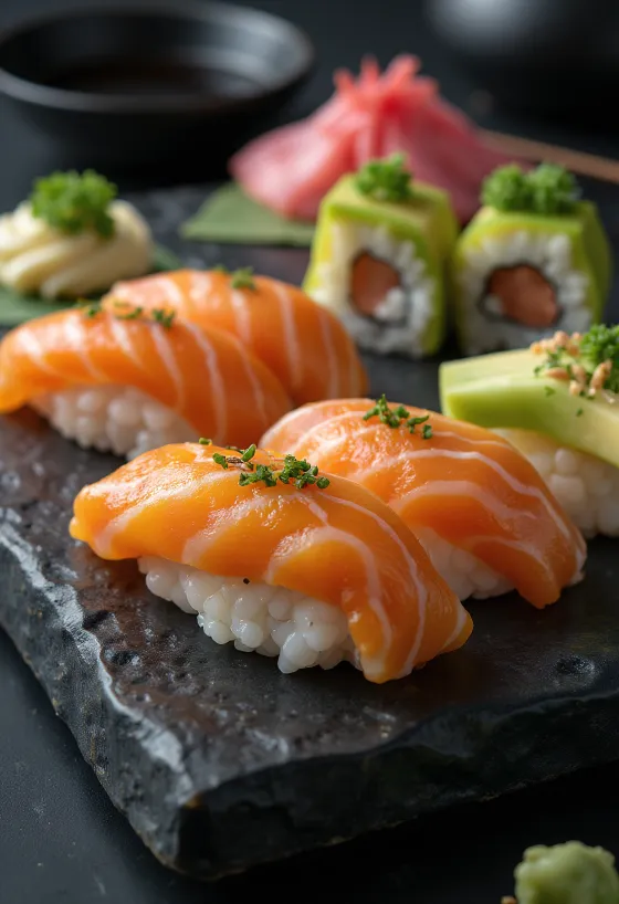 Sushi serveret med sojasauce og ingefær
