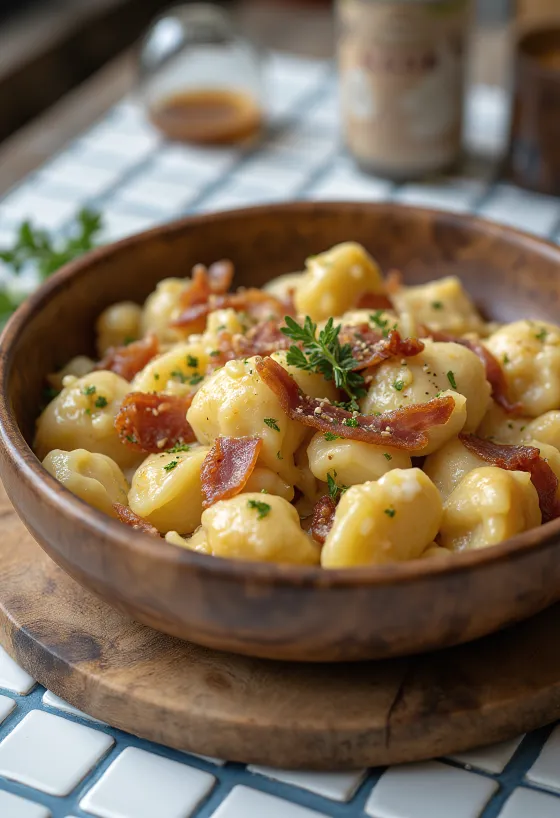 Sztrapacska med fåreost og sprødstegte bacontern