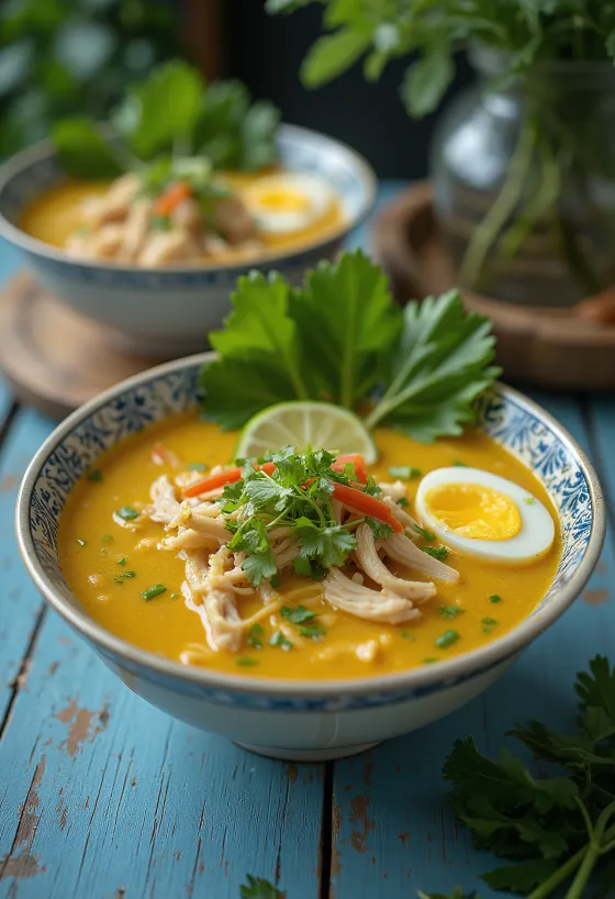 Cibinong laksa, tamarind kokosbaseret suppe serveret med kylling, nudler og friske grøntsager.