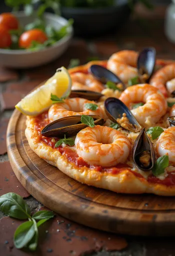 Pizza Frutti di Mare med ekstra rejer serveret