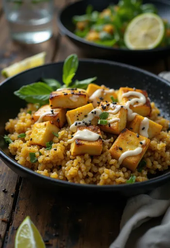 Grillet tofu quinoa wok med karry-tahini serveret